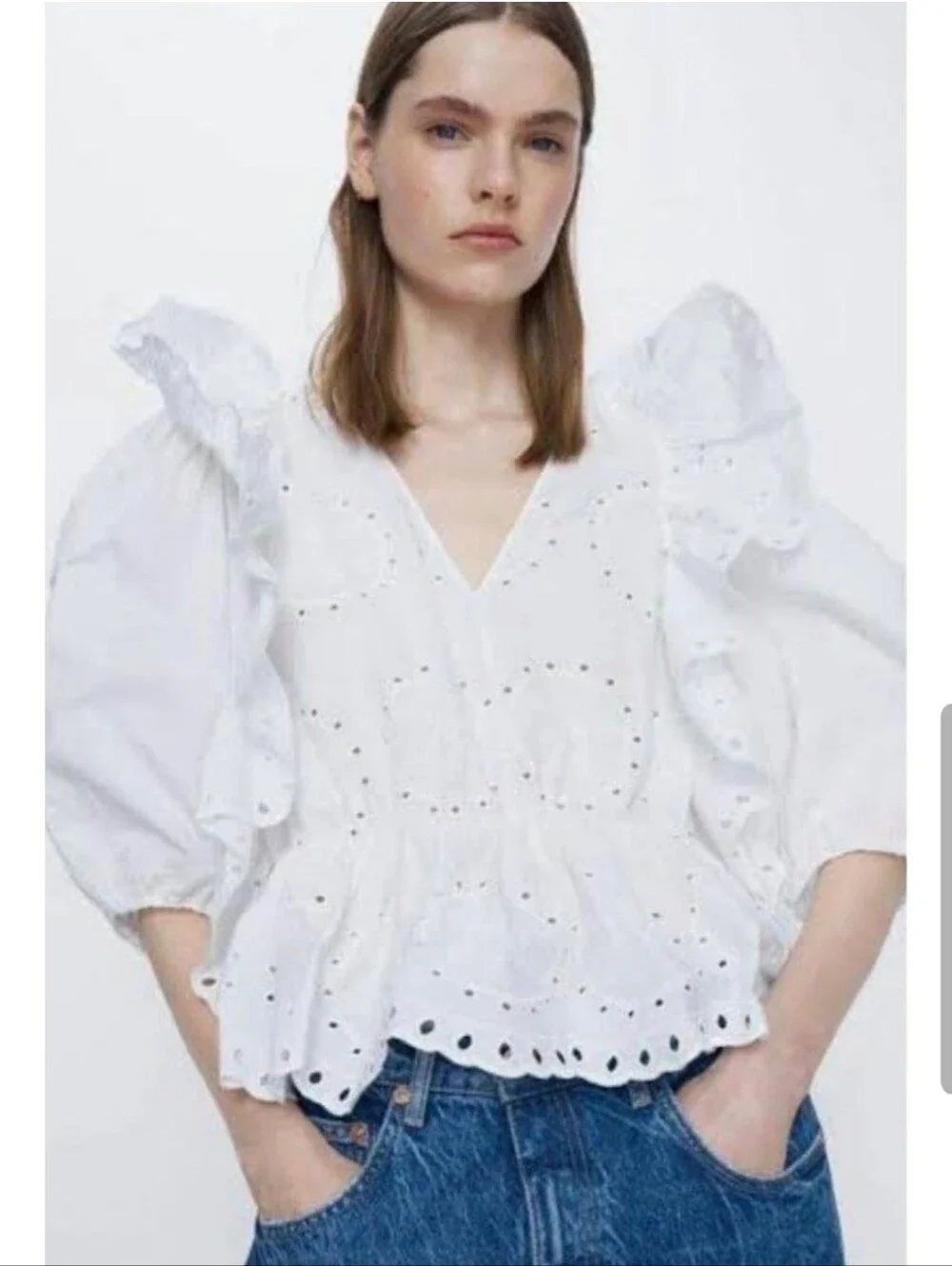 ZARA Women's White Eyelet Puffy Sleeve Ruffle Peplum Top S